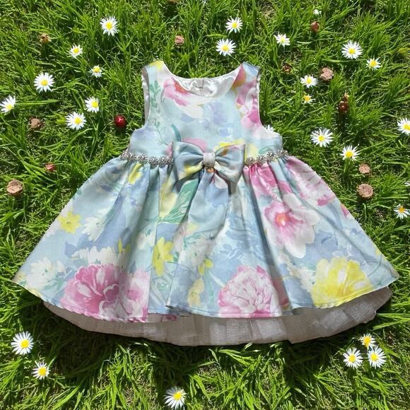 Couture Princess Baby Girl Sleeveless Floral Pastel Spring Easter Dress Size 12M - Picture 1 of 12